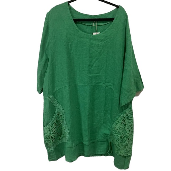 LaBass Tunic  Women Short Sleeve Embroidered Green 100% Linen Italy One Size - Picture 1 of 11